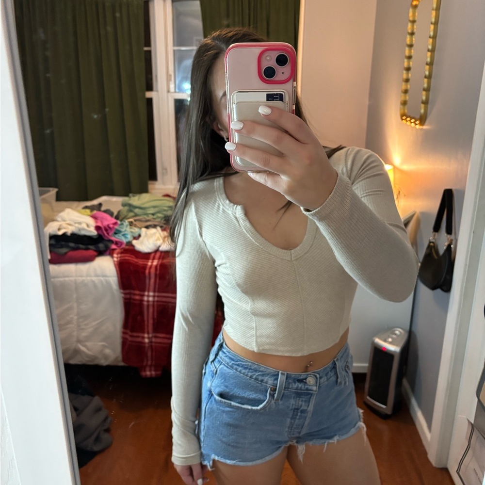 Garage Beige Long Sleeve Crop Top